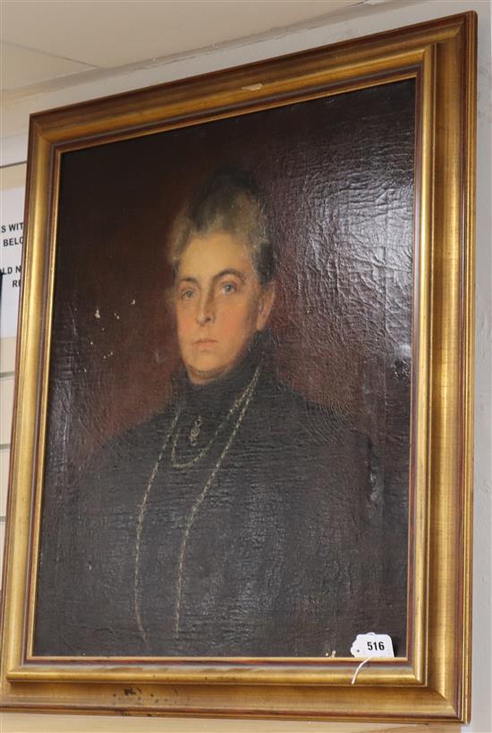 German School c.1900, oil on canvas, Portrait of a lady wearing a gold chain, 66 x 56cm